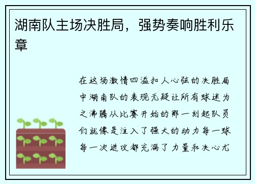 湖南队主场决胜局，强势奏响胜利乐章