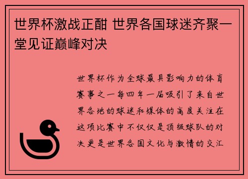 世界杯激战正酣 世界各国球迷齐聚一堂见证巅峰对决