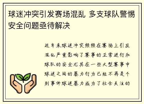 球迷冲突引发赛场混乱 多支球队警惕安全问题亟待解决